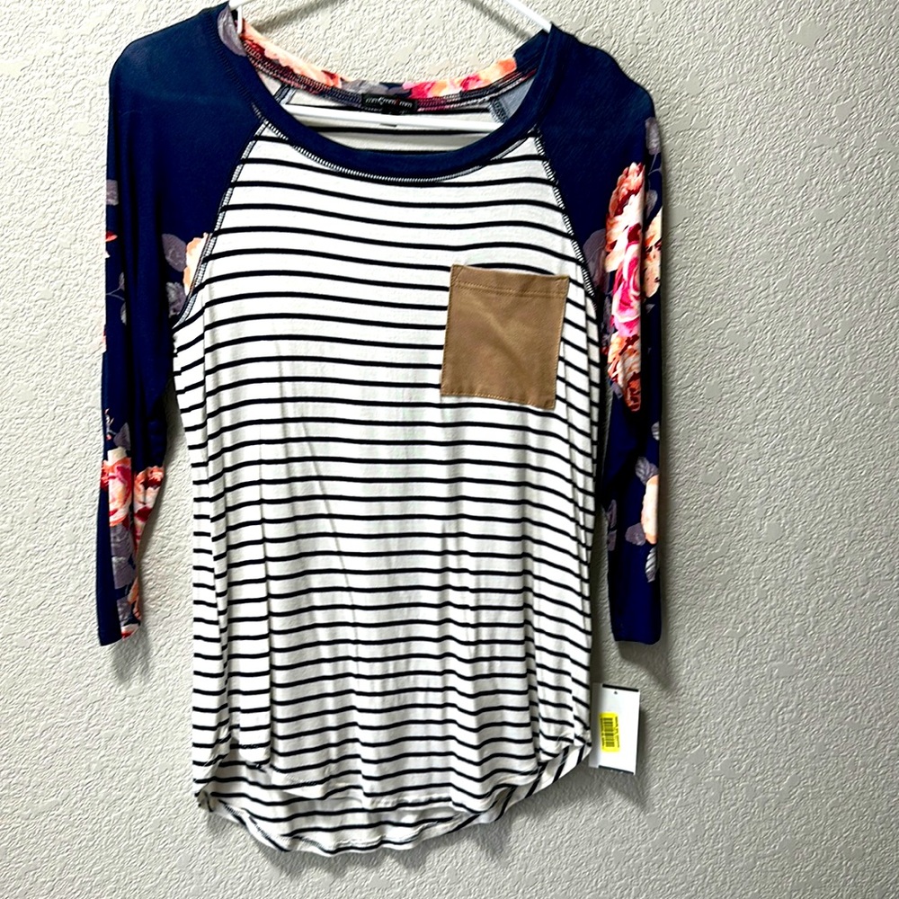 Women’s mid sleeve top. Striped with blue and floral sleeves. Never worn, NWT